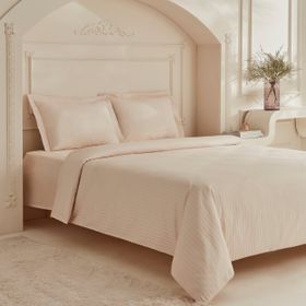 Karaca Home White Collection Minas Bej Çift Kişilik Çizgili Saten Nevresim Takımı