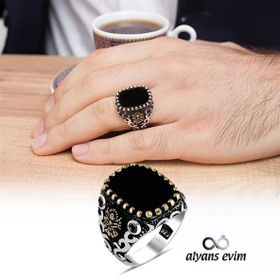 Kare Oniks Taşlı Osmanlı Devleti Armalı 925 Gümüş Erkek Yüzük
