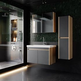 Karen Banyo 80 cm Dallas Aynalı Somono Meşe Antrasit Takım Banyo Dolabı