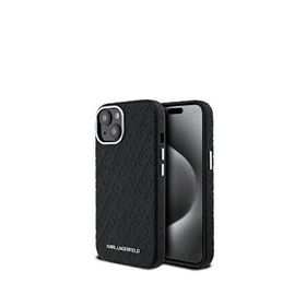 Karl Lagerfeld iPhone 15 Metal Yazı Logolu PU Deri Damgalı Siyah Telefon Kılıfı