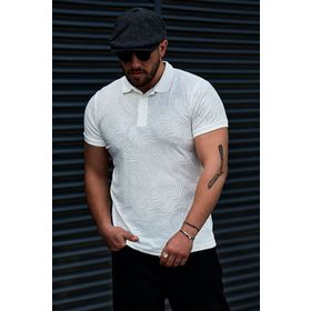 Karpefingo Erkek Desenli Polo Yaka Beyaz T-Shirt