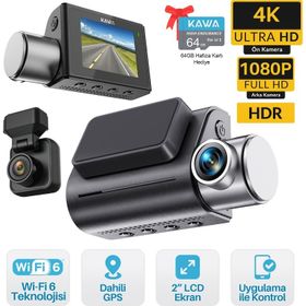 Kawa D7 4K 1080P HDR Wi-Fi 6 GPS'li 2 Kameralı Ön ve Arka Araç Kamerası ve 64 GB Hafıza Kartı