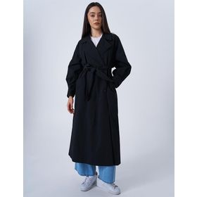 Kayra KY-B25-74005 Bilekleri Apoletli Uzun Siyah Trençkot