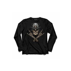 Kendim Seçtim T04S3538 Skull Korsan Kuru Kafa Rock Zafer Işareti Metallıca Uzun Kollu Siyah Erkek T-shirt