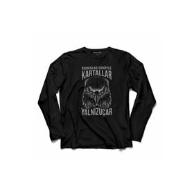 Kendim Seçtim T04S3569 Beşiktaş Kargalar Sürüyle Kartallar Yalnız Uçar Kartal Kafa Uzun Kollu Siyah Erkek T-shirt