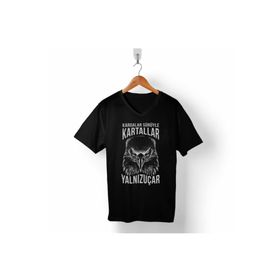 Kendim Seçtim T05S3569 Siyah Beşiktaş Kargalar Sürüyle Kartallar Yalnız Uçar Kartal Kafa Erkek T-shirt