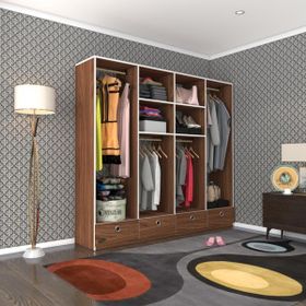 Kenzlife 4 Bölmeli 4 Çekmeceli Kamil 182x200x42 Ceviz Dolap Kapaksız Ceviz Giysi Dolabı