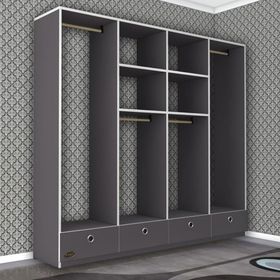 Kenzlife Kamil Gri 4 Bölmeli 4 Çekmeceli 182*200*42 cm Kapaksız Giysi Dolabı