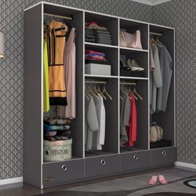Kenzlife Kamil Gri 4 Bölmeli 4 Çekmeceli 182*200*42 cm Kapaksız Giysi Dolabı