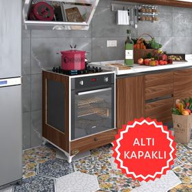 Kenzlife Modülü Kabini Altın3 Cvz Ocak Kapaklı Ayaklı Ceviz Ankastre Fırın Dolabı