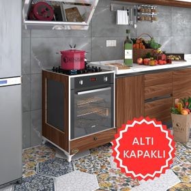 Kenzlife Modülü Kabini Altın3 Cvz Ocak Kapaklı Ayaklı Ceviz Ankastre Fırın Dolabı