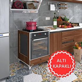 Kenzlife Modülü Kabini Altın3 Cvz Ocak Kapaklı Ayaklı Ceviz Ankastre Fırın Dolabı