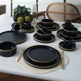 Keramika 20 Parça 4 Kişilik Mat Siyah Gold Fileli Stackable Yemek / Kahvaltı Takımı