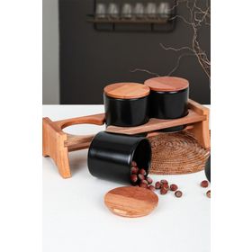 Keramika Ege Ahşap Standlı Mat Siyah 10 cm 4 Parça Saklama Kabı
