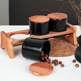Keramika Ege Ahşap Standlı Mat Siyah 10 cm 4 Parça Saklama Kabı