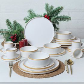 Keramika Mat Beyaz Gold Fileli 20 Parça 4 Kişilik Stackable Yemek Kahvaltı Takımı
