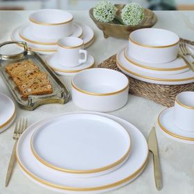 Keramika Mat Beyaz Gold Fileli 20 Parça 4 Kişilik Stackable Yemek Kahvaltı Takımı