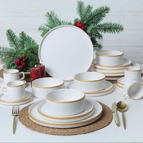Keramika Mat Beyaz Gold Fileli 20 Parça 4 Kişilik Stackable Yemek Kahvaltı Takımı