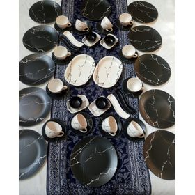 Keramika Mat Siyah Beyaz Mermer Desen 50 Parça 12 Kişilik Kahvaltı Takımı