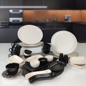 Keramika Oval 35 Parça 6 Kişilik Siyah-Krem Mat Kahvaltı Takımı