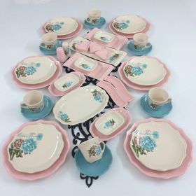 Keramika Pembe Açık Turkuaz Gül 41 Parça 6 Kişilik Kahvaltı Takımı