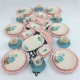 Keramika Pembe Açık Turkuaz Gül 41 Parça 6 Kişilik Kahvaltı Takımı