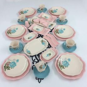 Keramika Pembe Açık Turkuaz Gül 41 Parça 6 Kişilik Kahvaltı Takımı