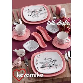 Keramika Tatlı Düş 14 Parça Köşem Kahvaltı Seti 2 kişilik pembe