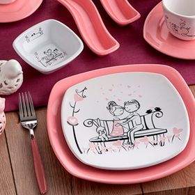 Keramika Tatlı Düş 14 Parça Köşem Kahvaltı Seti 2 kişilik pembe
