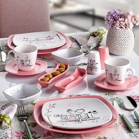 Keramika Tatlı Düş 14 Parça Köşem Kahvaltı Seti 2 kişilik pembe