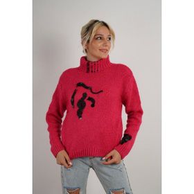 Key Moda Fuşya Boğazlı ve Pul Detaylı Kadın Kazak