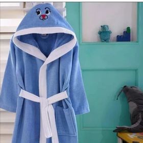 Kids Babies 6-7 Yaş Mavi Çocuk Pamuk Kapüşonlu Bornozu