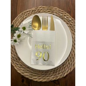 Kidspartim 12'li 40x40 cm Gold Yaldızlı Beyaz Cepli Hello Doksan Yaş Peçete