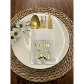 Kidspartim 12'li 40x40 cm Gold Yaldızlı Beyaz Cepli Hello Elli Yaş Peçete