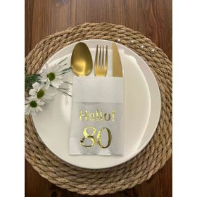 Kidspartim 12'li 40x40 cm Gold Yaldızlı Beyaz Cepli Hello Seksen Yaş Peçete