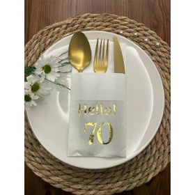 Kidspartim 12'li 40x40 cm Gold Yaldızlı Beyaz Cepli Hello Yetmiş Yaş Peçete