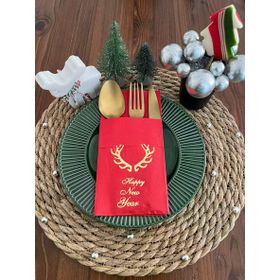 Kidspartim 12'li 40x40 cm Gold Yaldızlı Kırmızı Cepli Küçük Geyik Boynuzu Peçete