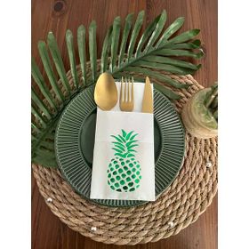 Kidspartim 12'li 40x40 cm Yeşil Yaldızlı Beyaz Cepli Ananas Peçete