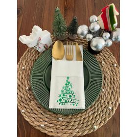 Kidspartim 12'li 40x40 cm Yeşil Yaldızlı Beyaz Cepli Çam Ağacı Peçete