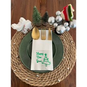 Kidspartim 12'li 40x40 cm Yeşil Yaldızlı Beyaz Cepli Happy New Year Çam Ağacı Peçete