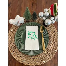 Kidspartim 16'lı Yeşil Yaldızlı Beyaz Happy New Year Çam Ağacı Peçete