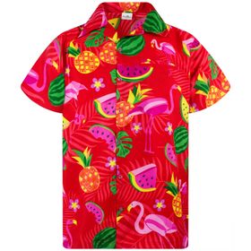 King Kameha Funky Hawaii Kısa Kol Baskılı Flamingo Kavun Kırmızı Erkek Gömlek