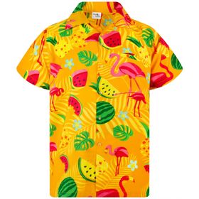 King Kameha Funky Hawaii Kısa Kol Baskılı Flamingo Kavun Sarısı Erkek Gömlek