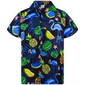 King Kameha Funky Hawaii Kısa Kol Baskılı Flamingo Kavun Siyah Mavi Erkek Gömlek