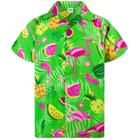King Kameha Funky Hawaii Kısa Kol Baskılı Flamingo Kavun Yeşili Erkek Gömlek