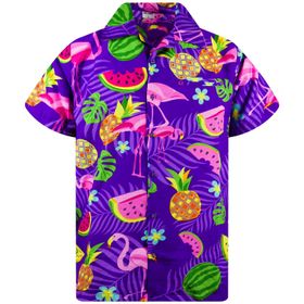 King Kameha Funky Hawaii Kısa Kol Baskılı Flamingo Melone Eflatun Erkek Gömlek