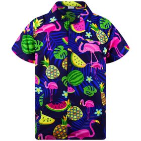 King Kameha Funky Hawaii Kısa Kol Baskılı Flamingo Melone Eflatun Mavi Erkek Gömlek