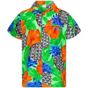 King Kameha Funky Hawaii Kısa Kol Ön Cepli Baskılı Ananas Hibiskus Gölge Yeşil Erkek Gömlek