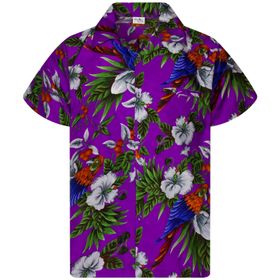 King Kameha Funky Hawaii Kısa Kol Ön Cepli Baskılı Mor Kiraz Papağanı Erkek Gömlek