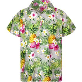 King Kameha Funky Hawaii Kısa Kol Ön Cepli Çiçek Baskılı Pineapple Flowers Gri Erkek Gömlek